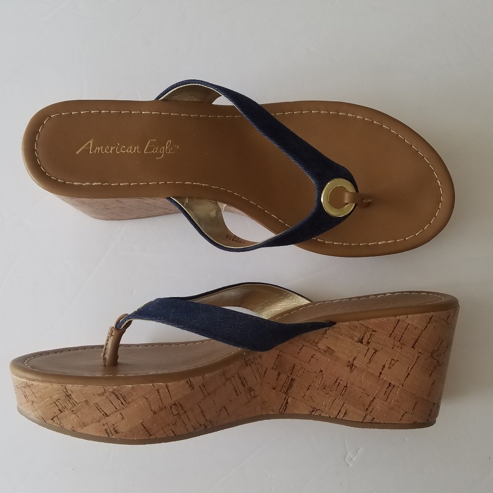 American Eagle Denim Thong Wedge Shoes 7